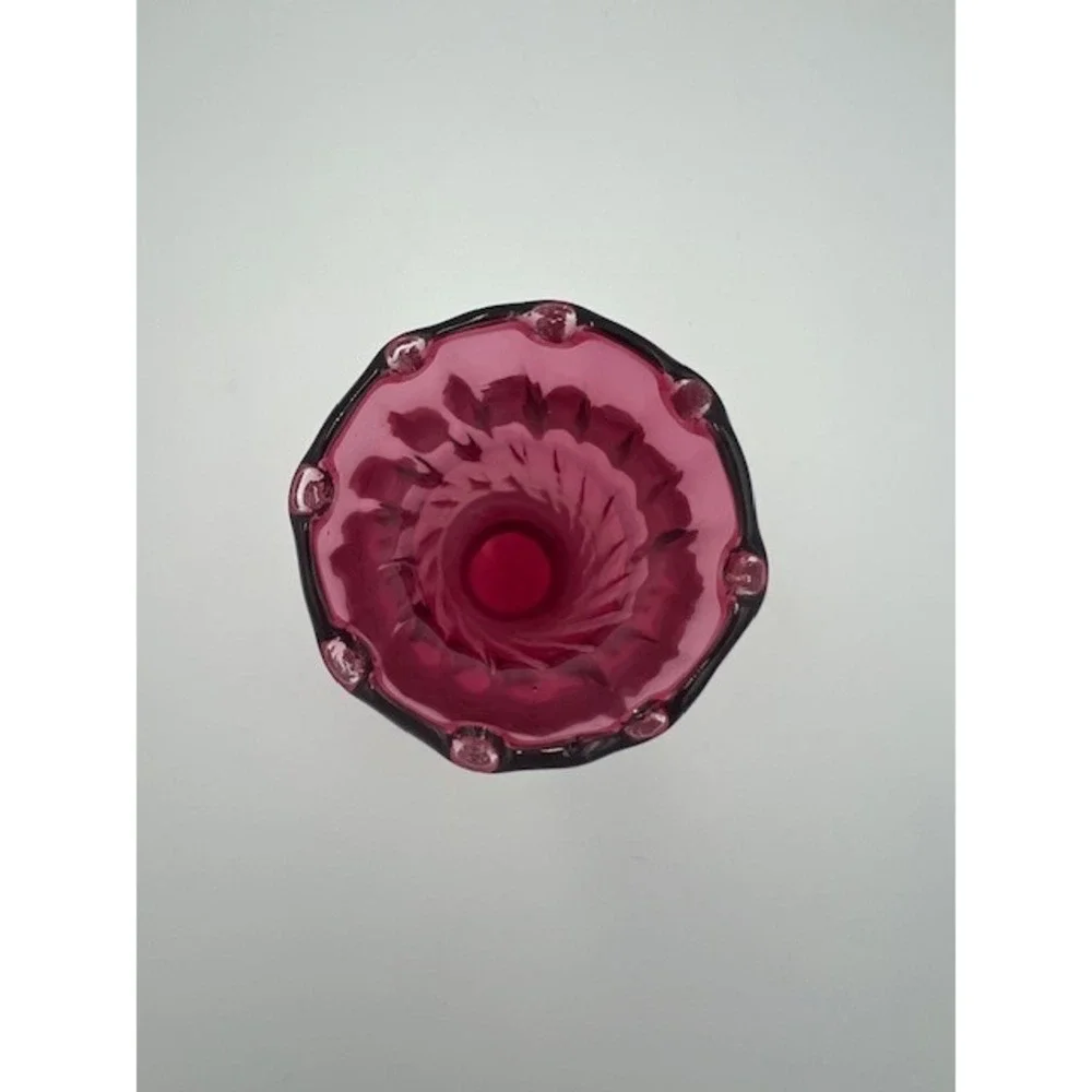 Vintage Pilgrim Cranberry Swirl Bedford Ruffle Bud Vase Hand Blown Magenta 7 In